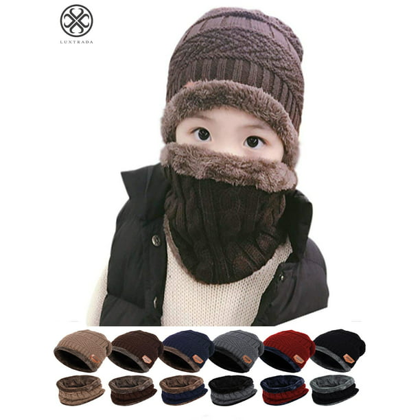 2 PCS Kids Boys Girls Winter Hat and Scarf Set Warm Snow Knit Beanie Slouchy Skull Cap and Circle Scarf 